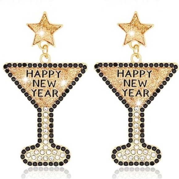 Jewelry - Gold & Black Rhinestone Happy New Year Martini Glass Earrings | NYE Jewelry